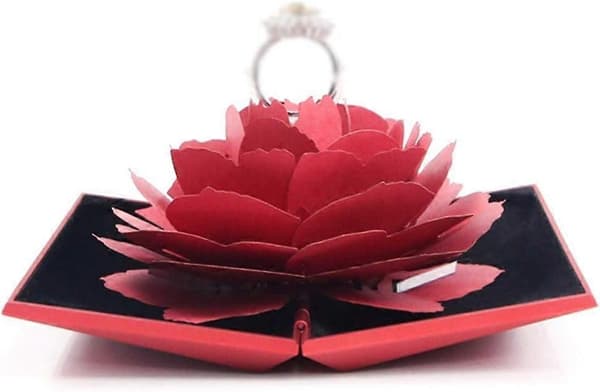 【DENGTU】Rosblomma Förlovningsring Box 3D Pop up Rosring Box Bröllop Förlovningsring Box 3*7.4*2.6cm, Röd