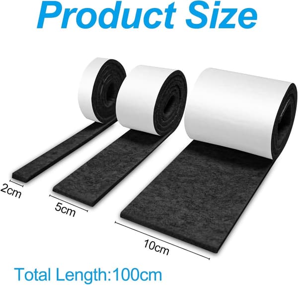 ruller af selvklæbende filt, sort (100 cm x 10 cm, 100 cm x 5 cm, 100 cm x 2 cm)