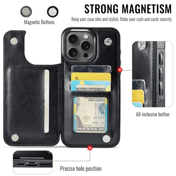 Til iPhone 16 15 Pro Max Plus PU Læderetui Stativ Kortholder, Dobbelt Magnetlås og Slidstærkt Stødsikkert Beskyttelse iPhone16Pro