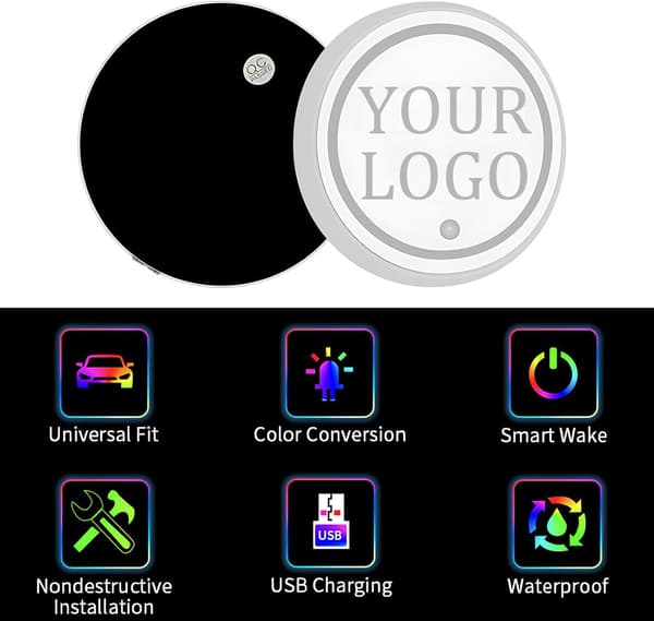 【DENGTU】Custom LED Car Coasters with Logo - 7 Colors Personalized Cup Holder Lights - Cool Car Accessories