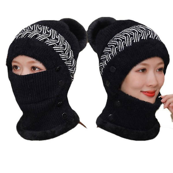 Stickad Pom mössa Scarf Set