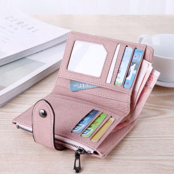 Mode hopfällbar liten plånbok Dam Plånbok för korthållare i läder Pink