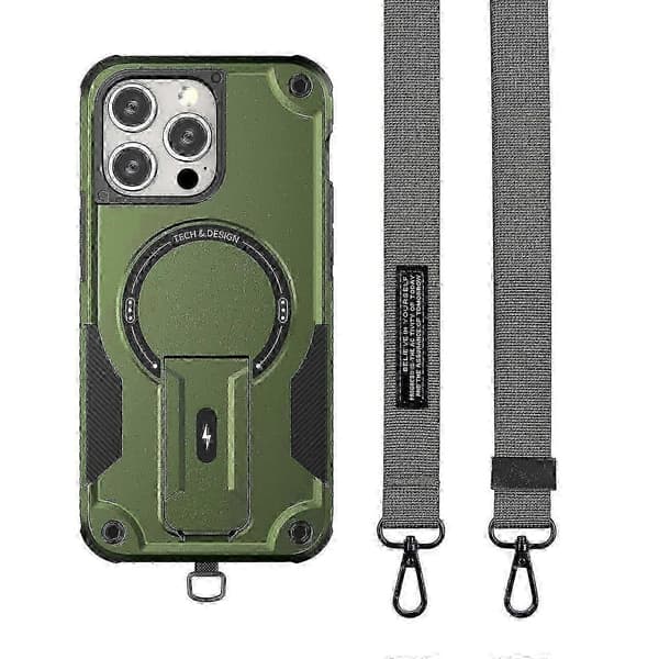 MagSafe-kompatibelt TPU+PC Kickstand Telefoncover med Rem til iPhone 16 Pro Max Multicolor Army Green