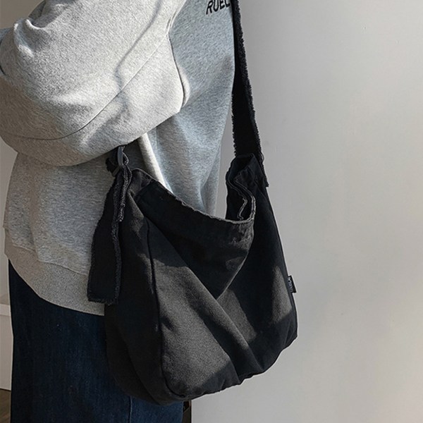 Tvättbar canvasväska, utsliten axelväska, enkel messenger bag black