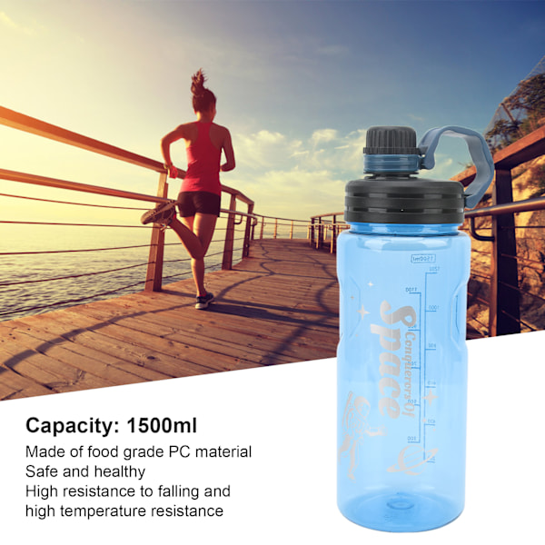 1500ml Matboks-PC Sports Drikkeflaske med Måleskala for Gym, Sykling og Løping - Blå