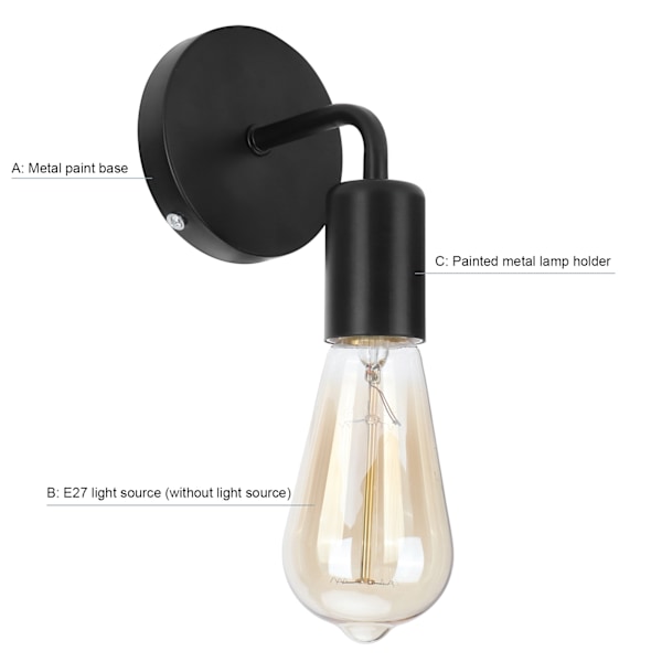 E27 Svart Retro Vägglampa - Enkel Huvud Ljusarmatur för Sängbord, Korridor och Trappor (AC85-265V)