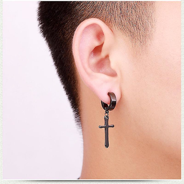 Poraamaton Clip On Cross Dangle Hoop set, ruostumaton teräs, ei porausta Black