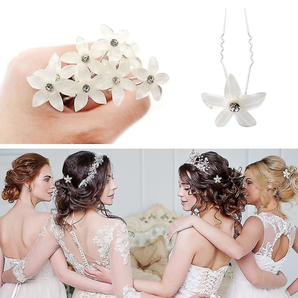 10 stk bryllupsblomst hårnåler, hvit blomst/perle strass hårnåler U-formede hårnåler for brude bryllup kvinner hår Flower