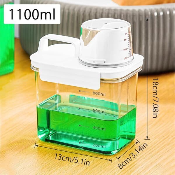 Lufttæt vaskemiddeldispenser med målebæger, opbevaringsboks til vaskepulver, flydende vaskemiddeldispenser, kornudlever (1100 ml) Black