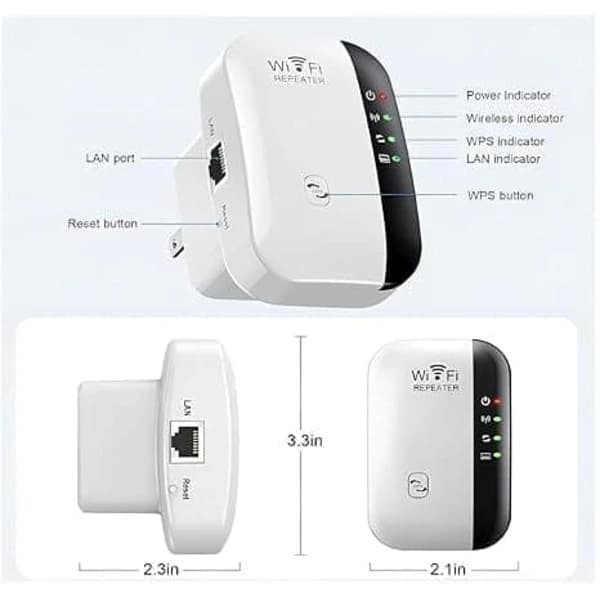 Hvit WiFi-signalforlenger med repeater AP-modus og WPS-funksjon.