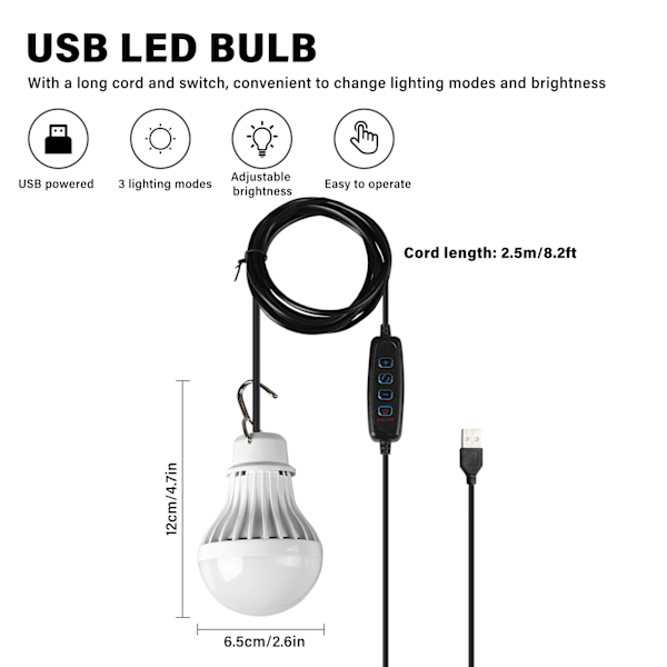 USB LED-lampe med justerbar lysstyrke for camping, fotturer og nødbruk
