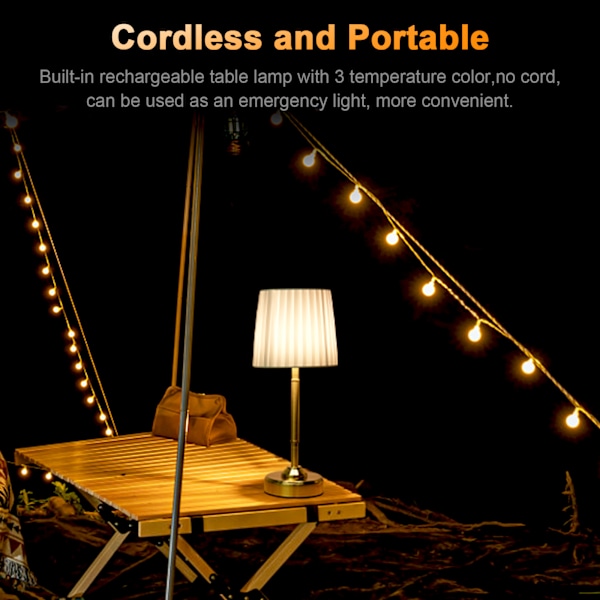 Oppladbar LED Bordlampe med Stoffskjerm, 5000mAh Batteri, 3 Fargetemperaturer, Dimbar - Perfekt for Lesing og Camping
