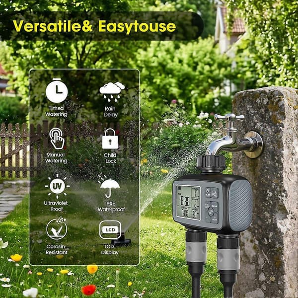 Vandersprinkler Timer 2 Zoner Programmerbar Vandtimer til Haveslange Automatisk Vandingssystem til Gårdsplæne