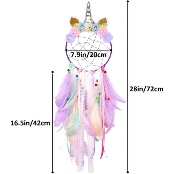 Enhjørning drømmefanger for barn Gigantisk håndlaget drømmefanger Fjær Flimmer Rom Gave Hjemmeinnredning for gutter Jenter Barnehage hengende lilla