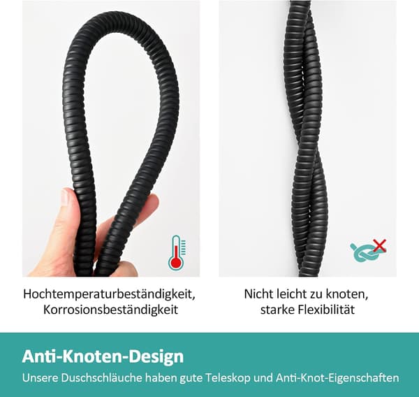 Bruseslange sort 1,5 m lang, rustfrit stål, fleksibel bruser