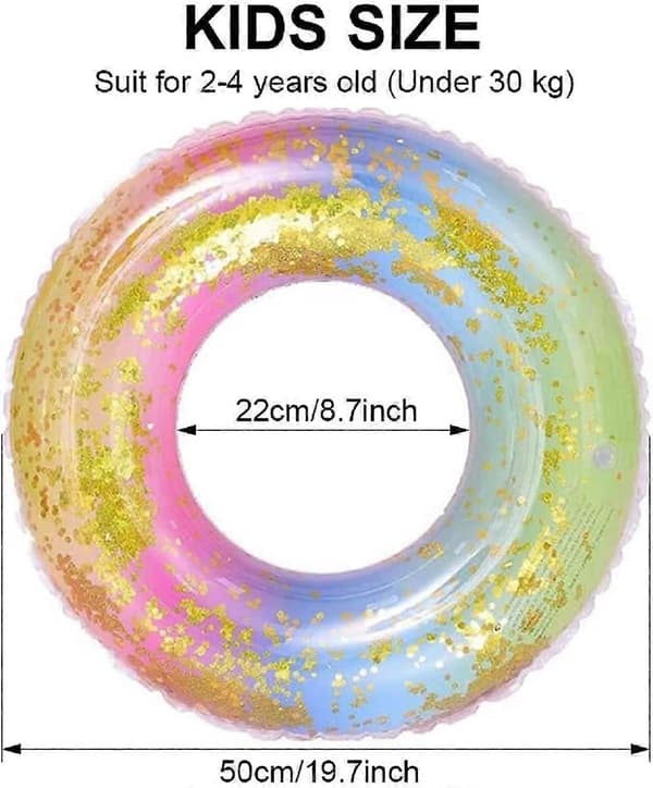 Transparent flytande ring regnbågsglitter simring, hållbara uppblåsbara poolflottar, simringar 60cm
