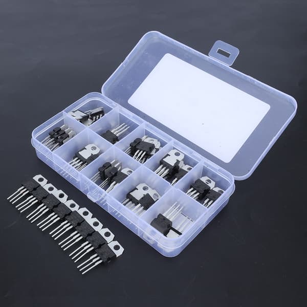50st 10 Värde Spänningsregulator Transistor Sortimentskit 10 Fack Transparent Låda