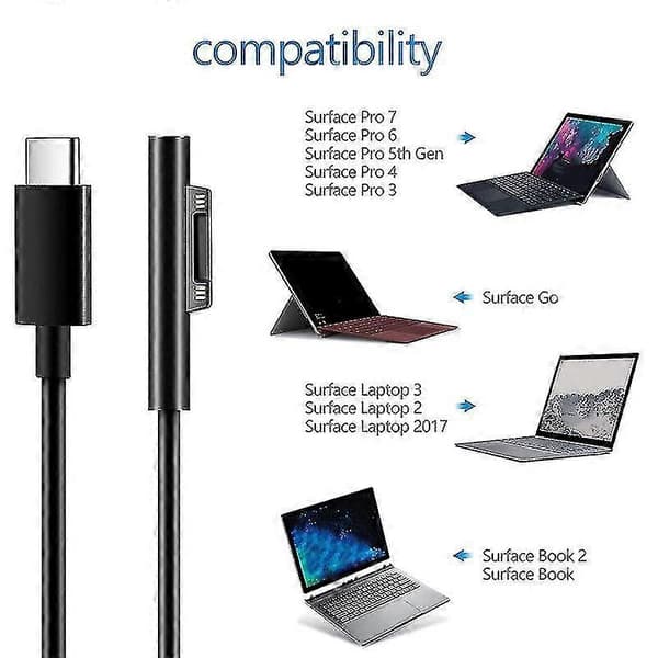 Opladningskabel til Surface til USB C-opladningskabel til Surface Pro 3/4/5/6/7, Surface Laptop 3/2/1, Surface Go[dt]