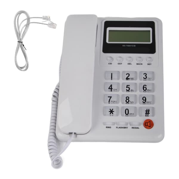 Stasjonær fasttelefon med LCD-skjerm og nummerpresentasjon, hvit