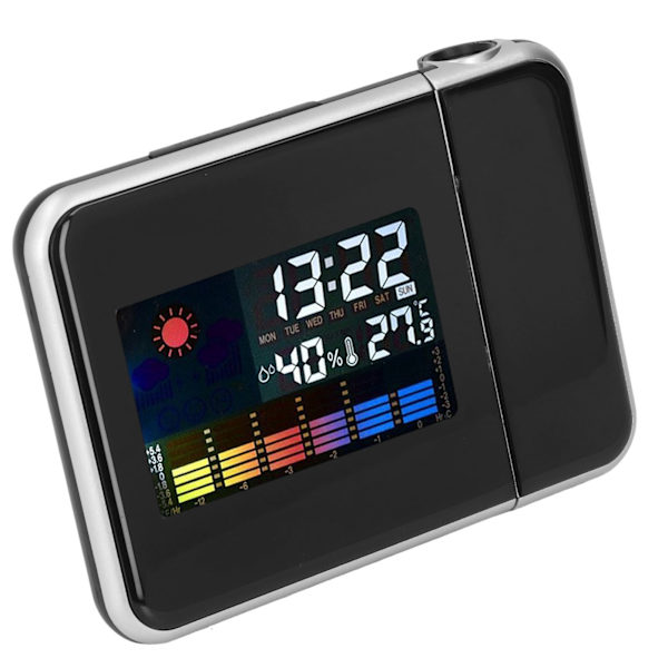 Digital väderstationsklocka med temperaturfuktighets LCD-färgskärm, LED-bakgrundsbelysning, snooze, projektionslarm - Svart