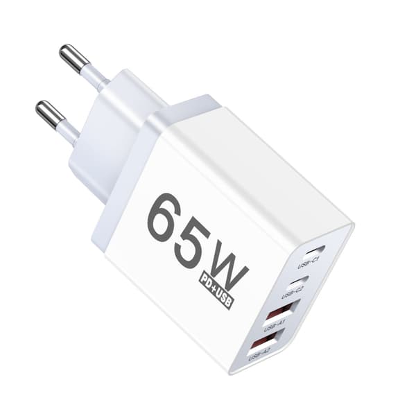 65W ladehode med 2 USB C- og 2 USB A-porter, hurtigladingsadapter med plasttekstur for ulike enheter, hurtiglading