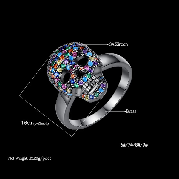Punk färgglada skelett Devil Ring Skull Face Iced Ringar