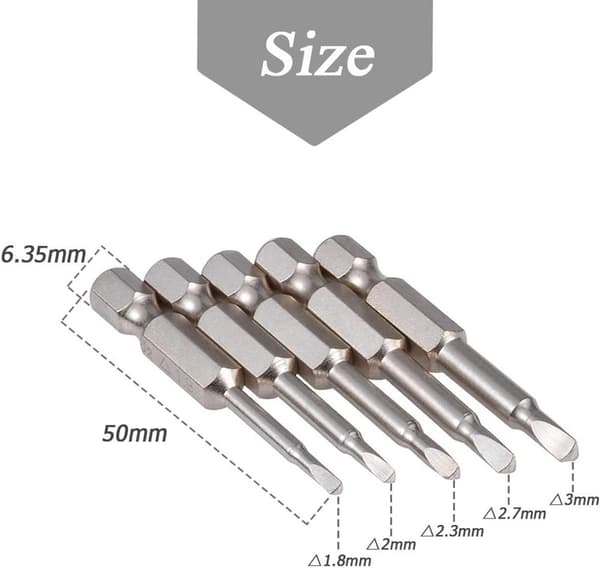 5-pack triangulära skruvmejselbits 1.8/2/2.3/2.7/3 mm Magnetiska triangulära skruvmejselbits 1/4\" sexkantsskaft triangulära borr S2 50