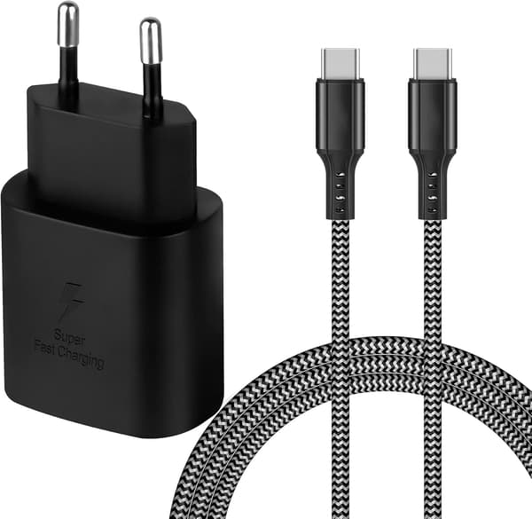 USB-C Laddsladd Type-C 3M + väggladdare 25w (vit kabel) S25 3 meter + USB