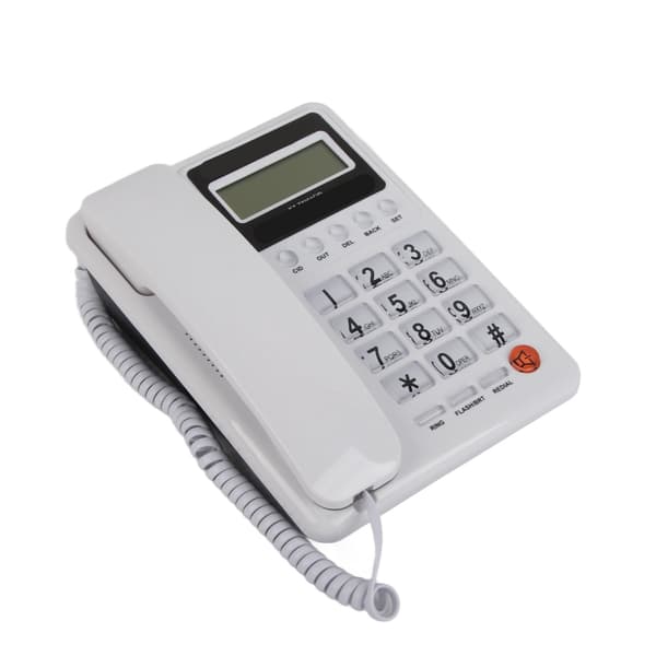 Stasjonær fasttelefon med LCD-skjerm og nummerpresentasjon, hvit