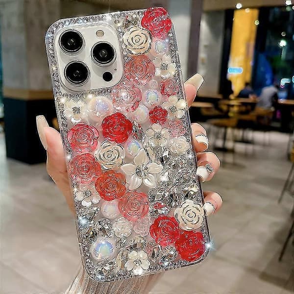 For iPhone 14 Pro Max-deksel TPU-skall+hard PC Roseblomster Perle Rhinestones Dekor Telefondeksel Red