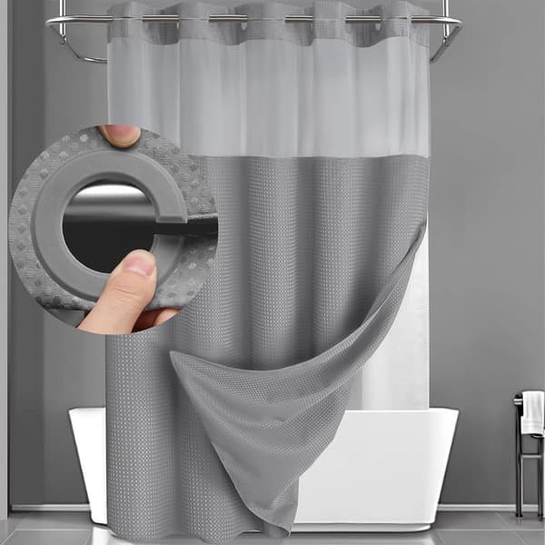 [DT]Dubbelskikts duschdraperi utan krokar – 180×190 cm – bikakemönster – med innerfoder – halvtransparent voilefönster – magnetisk fåll grå