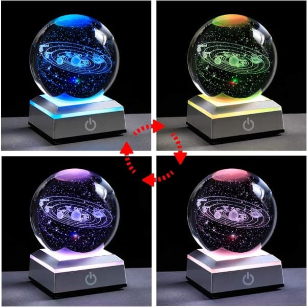【DENGTU】3,15 tommer (80 mm) Solsystem Krystalkugle 3D Solsystem Planeter Model Globus med LED-base Hjem Dekorativ Pynt Astronomi Gaver (Sølvbase)
