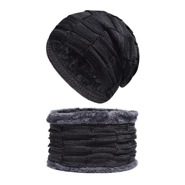 Vinterstickad mössa Varm med halsduk och fleecefoder ​Unise black
