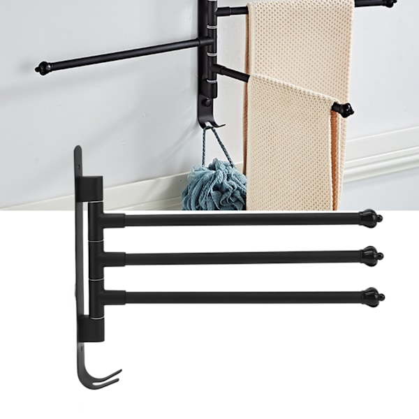 Svart, rustfritt stål, dreibar håndkleholder - 3-arms roterende håndklestang for bad, garderobe, kjøkken
