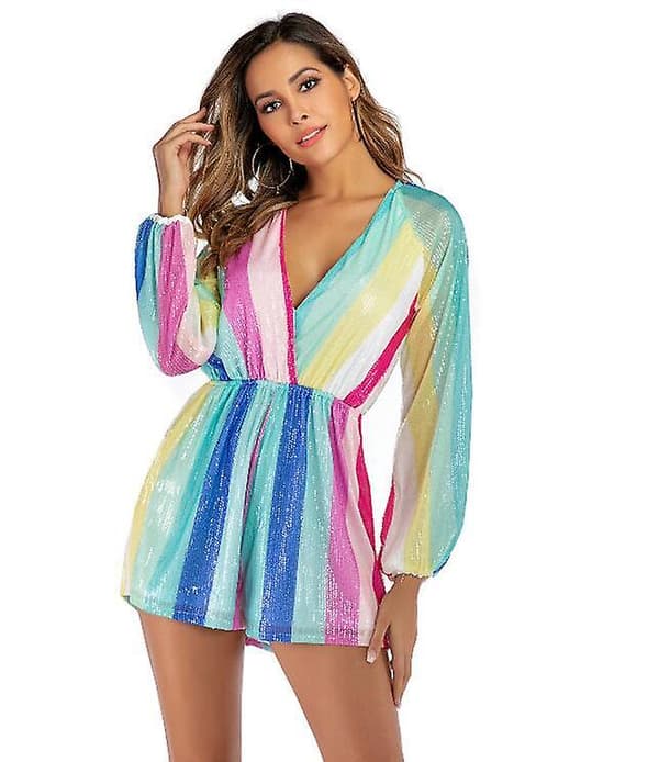 Dame Sexy Dyp V-hals Glitrende Paljett Jumpsuit M