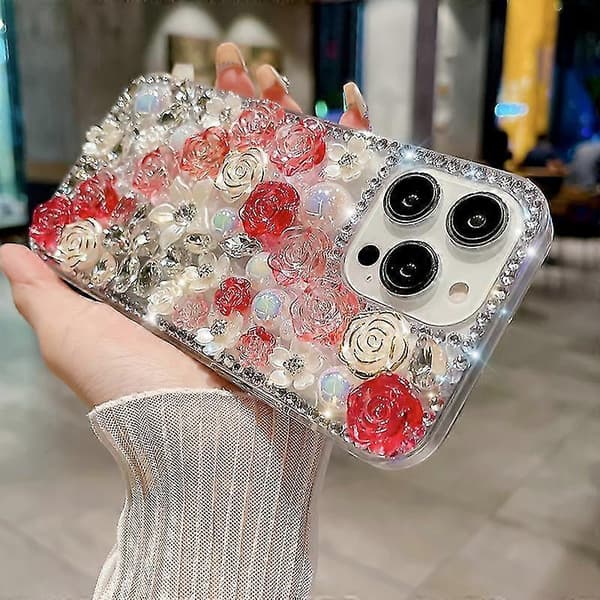 For iPhone 14 Pro Max-deksel TPU-skall+hard PC Roseblomster Perle Rhinestones Dekor Telefondeksel Blue