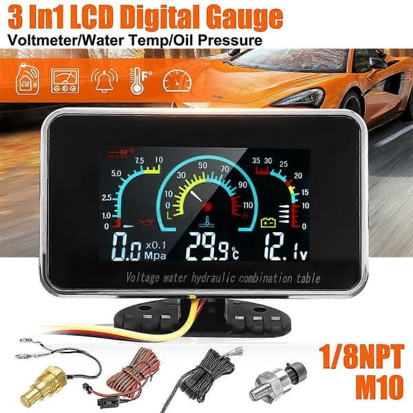 3-i-1 LCD Bil Digital Måler Voltmeter/Olietryk/Vandtemperatur 12-24V