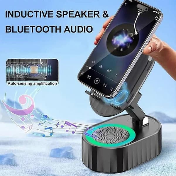 【DENGTU】5-in-1 matkapuhelinpidike langaton induktioääni Bluetooth-kaiutin puhelinpidike Black