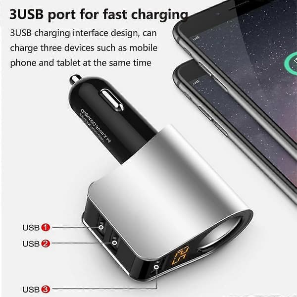 Billader Forlengelse Lighter Adapter Sigarettuttak Splitter Med 3 USB Og Spenningsmåler gray