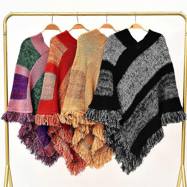 Kvinder Etnisk Strikket Poncho Kappe Farveblok Stribet Kvast Pullover Sweater Sjal Sort Black