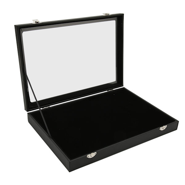 Militärmedalj och smyckesnålsmärkessamlingsskärm i transparent dammtät skugglåda med svart PU-läder - 35x24x5cm / 13,8x9,4x2,0in