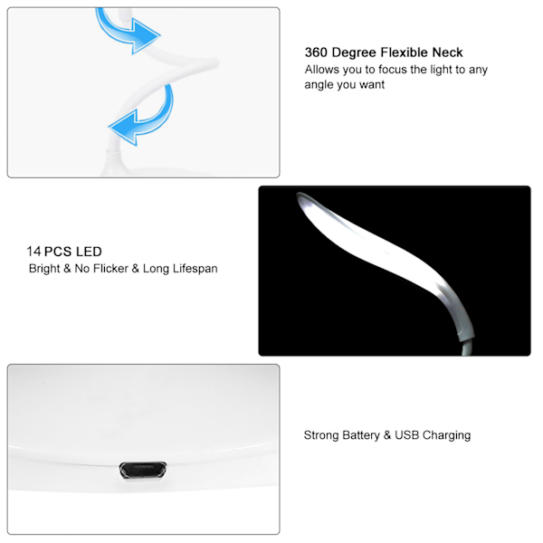 Dimbar USB LED Skrivebordslampe med Fleksibel Hals og Berøringsbryter for Nattlesing
