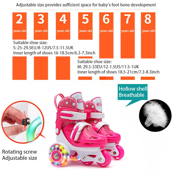 HT Kids Quad Roller Skates med justerbar storlek, 3-punkts balans, dubbla bromsar och lysande hjul - Perfekt för flickor och pojkar