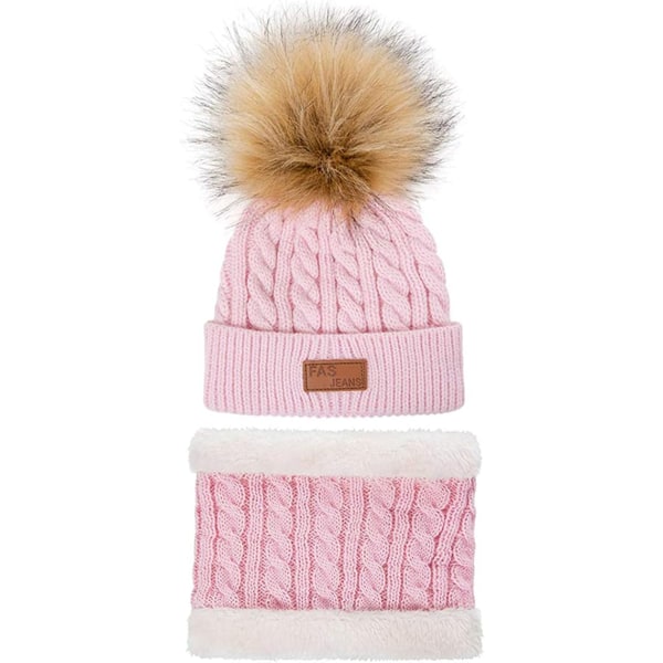 Baby Warm Hat Scarf Set med Fur Pom Pom pink