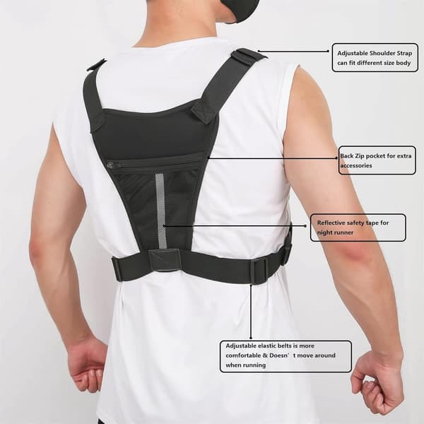Løbe-/cykelvest/-brysttaske, frontlomme til telefon, 26×21×3cm, sort.