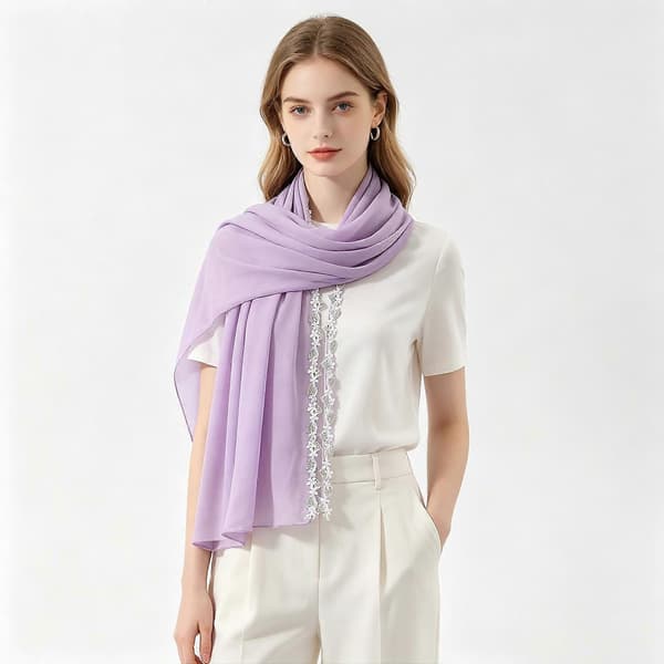 Lang rektangulær kvindetørklæde sjal i let chiffon, broderet kantomslag til daglig outfit-lagdeling og draperet lyserød Pink