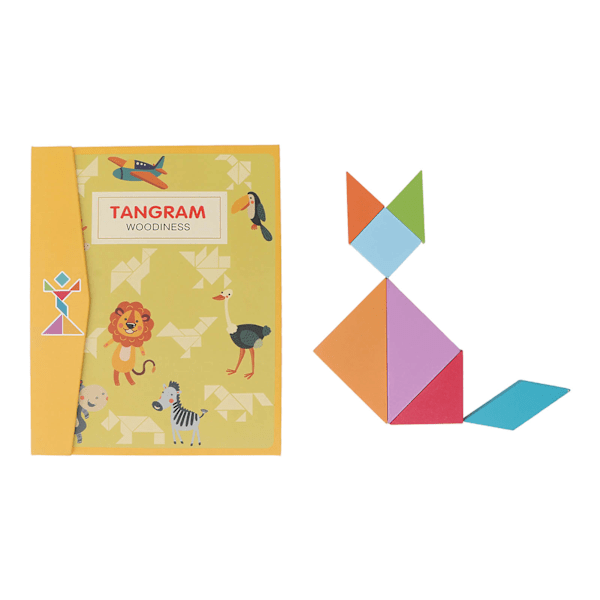 Sett med magnetiske tangram-leker i tre for barnehage - 7 former for å trene logisk tenkning og bokclip-design