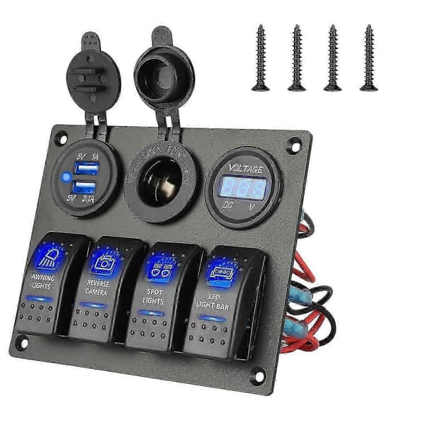 12-24V 4 vippebryterpanel med blå LED, strømbryter vanntett for bil, marine, båt