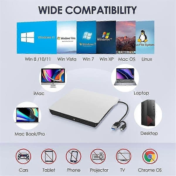 Bærbar USB 3.0 og USB-C CD DVD-stasjon, ekstern DVD+/-RW optisk diskleser skriver spiller omskriver for bærbare og stasjonære datamaskiner White