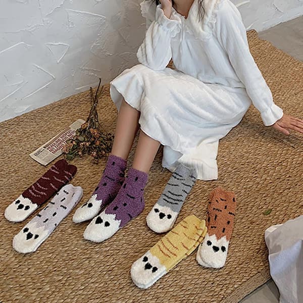 Kvinnor Vinter Tjocka Luddiga Varma Crew Toffelsockor Tecknad Kattass Ränder Tryck Mysiga Fluffiga Inomhus Sovstrumpor Yellow
